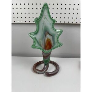 Murano Style Art Glass Swung Vase Green White MCM 13in Statement